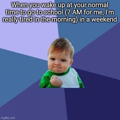 It's 7:54 AM and I'm staring at my roof grabbing all the energy I can get to Speedrun breakfast and putting on clothes | When you wake up at your normal time to go to school (7 AM for me, I'm really tired in the morning) in a weekend | image tagged in memes,success kid | made w/ Imgflip meme maker