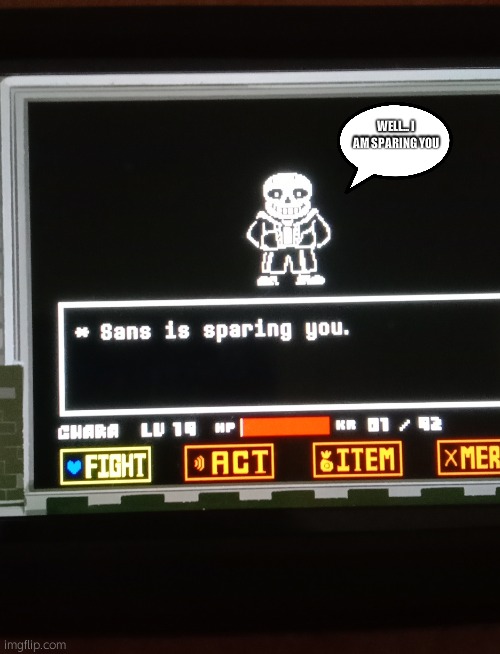 sans is sparing you | WELL... I AM SPARING YOU | image tagged in sans is sparing you | made w/ Imgflip meme maker