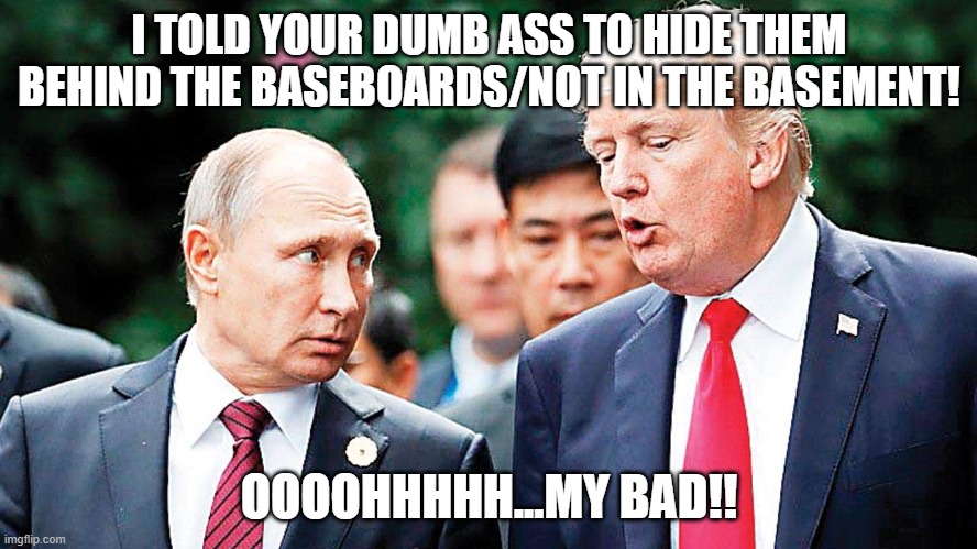 Trump | I TOLD YOUR DUMB ASS TO HIDE THEM BEHIND THE BASEBOARDS/NOT IN THE BASEMENT! OOOOHHHHH...MY BAD!! | image tagged in conspiracy | made w/ Imgflip meme maker