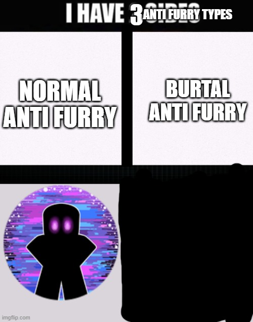 3 anti furry type | ANTI FURRY TYPES; 3; NORMAL ANTI FURRY; BURTAL ANTI FURRY | image tagged in i have two sides | made w/ Imgflip meme maker