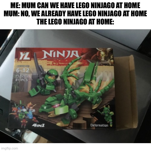 The Lego ninjago at home, I found this today at a festival in Australia |  ME: MUM CAN WE HAVE LEGO NINJAGO AT HOME
MUM: NO, WE ALREADY HAVE LEGO NINJAGO AT HOME
THE LEGO NINJAGO AT HOME: | image tagged in mom can we have,lego,ninjago,cheap copy,fraud,yl | made w/ Imgflip meme maker