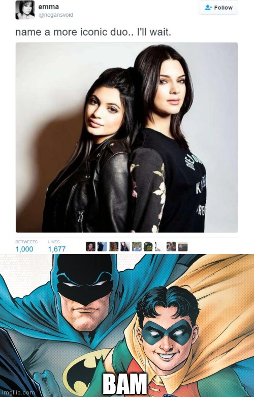 More iconic? Bam! | BAM | image tagged in name a more iconic duo,batman and robin | made w/ Imgflip meme maker