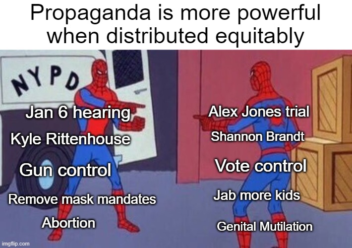The psyop is the current thing | Propaganda is more powerful when distributed equitably; Alex Jones trial; Jan 6 hearing; Kyle Rittenhouse; Shannon Brandt; Vote control; Gun control; Jab more kids; Remove mask mandates; Abortion; Genital Mutilation | image tagged in spiderman pointing at spiderman | made w/ Imgflip meme maker