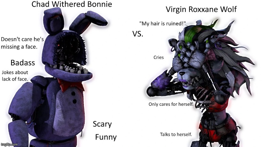 Average Roxy Simp vs. Average Withered Bonnie Enjoyer | image tagged in fnaf 2,fnaf security breach,withered bonnie,roxy | made w/ Imgflip meme maker
