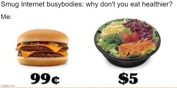 It's a mystery | Smug Internet busybodies: why don't you eat healthier? Me: | made w/ Imgflip meme maker