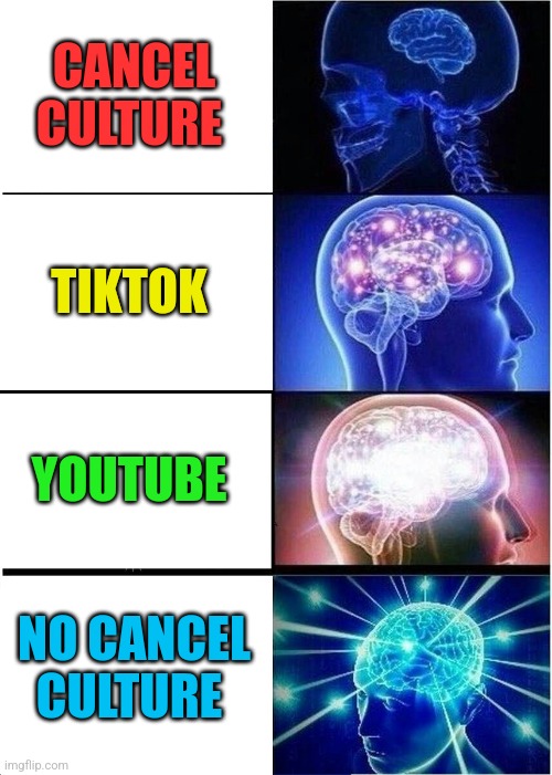 No cancellation please | CANCEL CULTURE; TIKTOK; YOUTUBE; NO CANCEL CULTURE | image tagged in memes,expanding brain | made w/ Imgflip meme maker