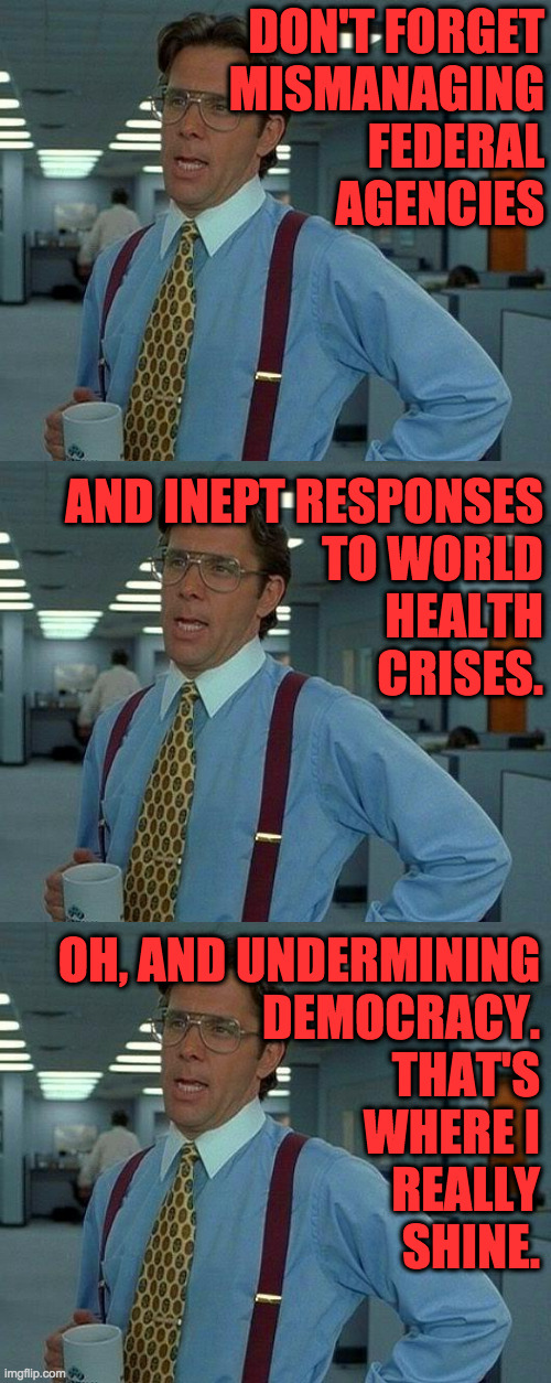 DON'T FORGET
MISMANAGING
FEDERAL
AGENCIES AND INEPT RESPONSES
TO WORLD
HEALTH
CRISES. OH, AND UNDERMINING
DEMOCRACY.
THAT'S
WHERE I
REALLY
S | image tagged in memes,that would be great | made w/ Imgflip meme maker