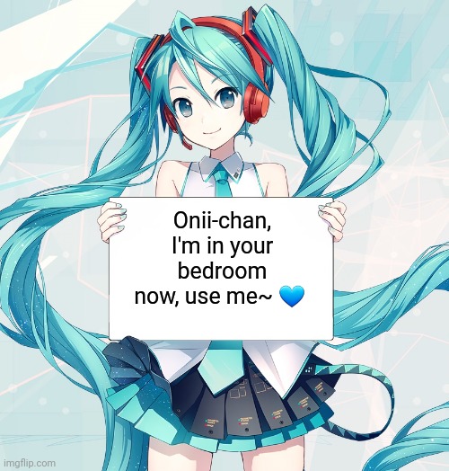 Hatsune Miku holding a sign | Onii-chan, I'm in your bedroom now, use me~ 💙 | image tagged in hatsune miku holding a sign | made w/ Imgflip meme maker