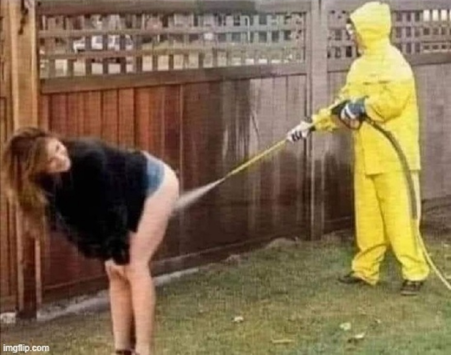 MAN PRESSURE WASHER, WOMAN BENT OVER Blank Meme Template