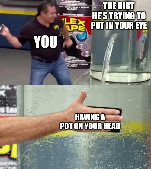 Flex Tape | THE DIRT HE'S TRYING TO PUT IN YOUR EYE HAVING A POT ON YOUR HEAD YOU | image tagged in flex tape | made w/ Imgflip meme maker