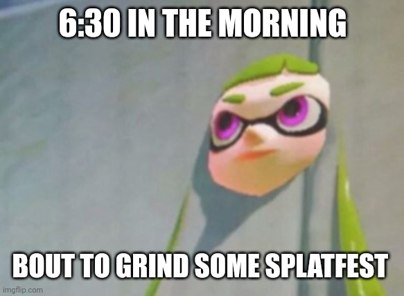 Woomy in the wall glitch splatoon | 6:30 IN THE MORNING; BOUT TO GRIND SOME SPLATFEST | image tagged in woomy in the wall glitch splatoon | made w/ Imgflip meme maker