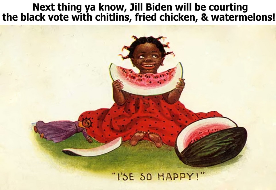 Next thing ya know, Jill Biden will be courting the black vote with chitlins, fried chicken, & watermelons! | image tagged in jill biden,racist racist jill biden,insensitive beeotch,stereotypes,delusional liberals,liberal hypocrisy | made w/ Imgflip meme maker