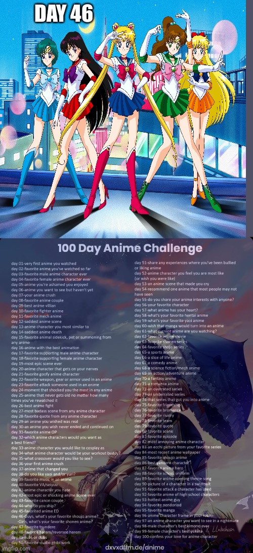 I missed yesterday (again) | DAY 46 | image tagged in 100 day anime challenge,sailor moon | made w/ Imgflip meme maker