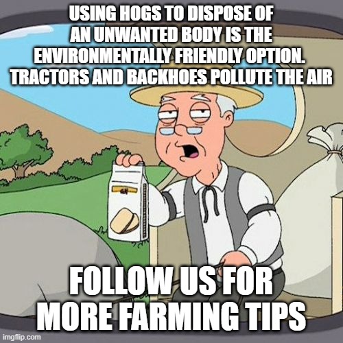 Pepperidge Farm Remembers | USING HOGS TO DISPOSE OF AN UNWANTED BODY IS THE ENVIRONMENTALLY FRIENDLY OPTION.  TRACTORS AND BACKHOES POLLUTE THE AIR; FOLLOW US FOR MORE FARMING TIPS | image tagged in memes,pepperidge farm remembers | made w/ Imgflip meme maker