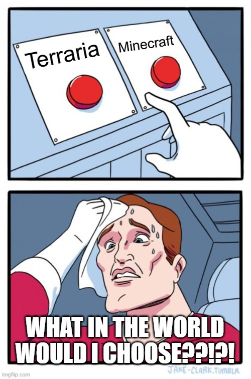 The Feeling about what u choose.. | Minecraft; Terraria; WHAT IN THE WORLD WOULD I CHOOSE??!?! | image tagged in memes,two buttons | made w/ Imgflip meme maker