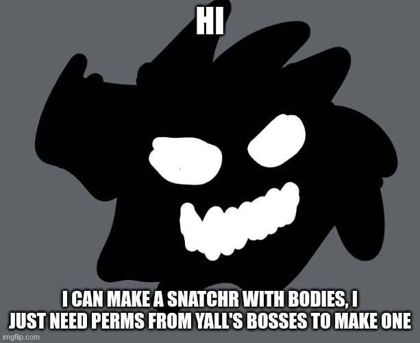 i just need permission to use your boss in this | HI; I CAN MAKE A SNATCHR WITH BODIES, I JUST NEED PERMS FROM YALL'S BOSSES TO MAKE ONE | image tagged in boss | made w/ Imgflip meme maker