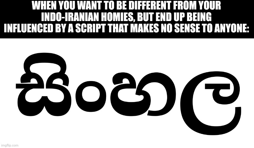 Interesting title | WHEN YOU WANT TO BE DIFFERENT FROM YOUR INDO-IRANIAN HOMIES, BUT END UP BEING INFLUENCED BY A SCRIPT THAT MAKES NO SENSE TO ANYONE: | image tagged in sinhalese language | made w/ Imgflip meme maker