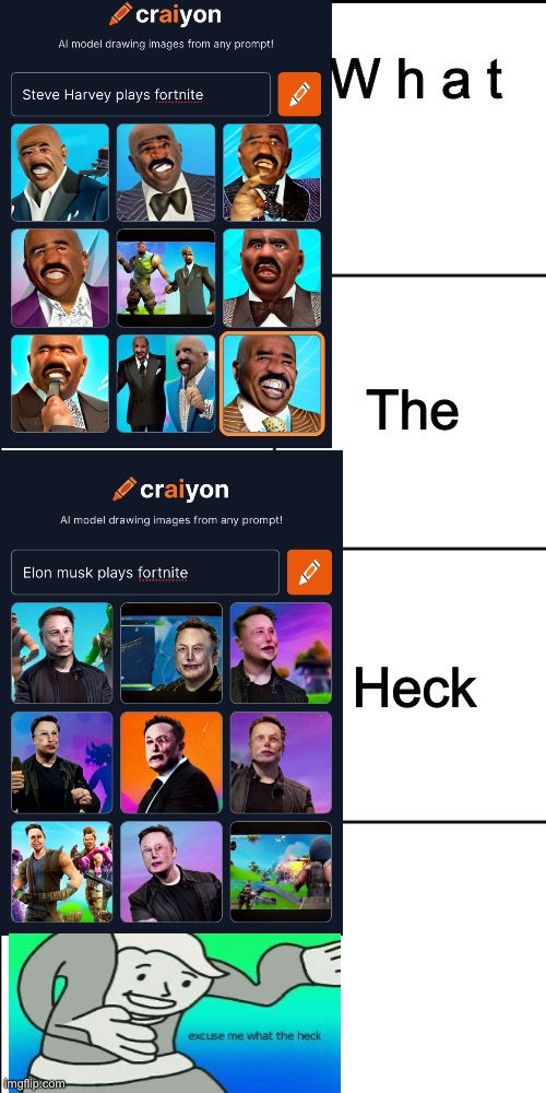 Elon musk and Steve Harvey play fortnite this is what it would look like apparently CuRsEd As HeCk | W h a t; The; Heck | image tagged in blank 8 square panel template,cursed as heck,elon musk plays fortnite,steve harvey plays fortnite,fortnite no,why | made w/ Imgflip meme maker