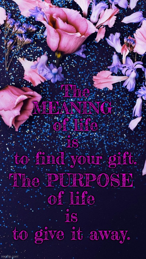 Meaning and purpose | The
MEANING 
of life
is 
to find your gift. The PURPOSE
of life
is
to give it away. | image tagged in inspirational quote,inspirational memes,inspirational | made w/ Imgflip meme maker