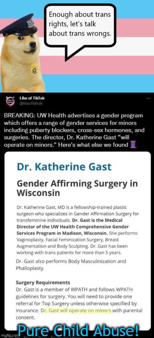 Mutilative surgeries are “gender affirmation” surgeries. Try a a double mastectomy on your young daughter! | Pure Child Abuse! | image tagged in politics,insanity,child abuse,transgender,young children,mental illness | made w/ Imgflip meme maker