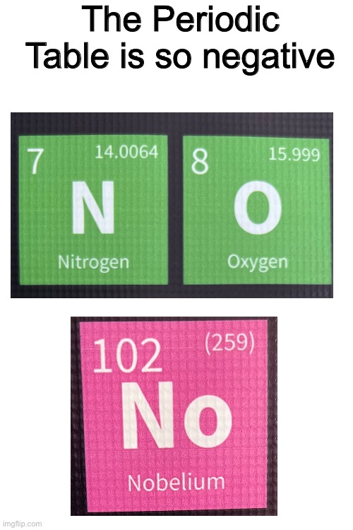 I have one at home, and I’ve been learning about it in my science class | The Periodic Table is so negative | image tagged in blank white template,science,periodic table,no | made w/ Imgflip meme maker