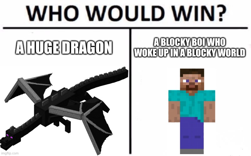 TeH BloKy bOi nAmEd StEveN JoBS¡¡¡ |  A HUGE DRAGON; A BLOCKY BOI WHO WOKE UP IN A BLOCKY WORLD | image tagged in memes,minecraft steve,minecraft,gaming,who would win | made w/ Imgflip meme maker
