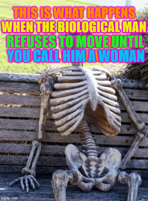 fluidity of time | THIS IS WHAT HAPPENS
WHEN THE BIOLOGICAL MAN
REFUSES TO MOVE UNTIL
YOU CALL HIM A WOMAN; WHEN THE BIOLOGICAL MAN; REFUSES TO MOVE UNTIL; YOU CALL HIM A WOMAN | image tagged in memes,waiting skeleton | made w/ Imgflip meme maker