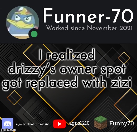 Funner-70’s Announcement | I realized drizzy’s owner spot got replaced with zizi | image tagged in funner-70 s announcement | made w/ Imgflip meme maker