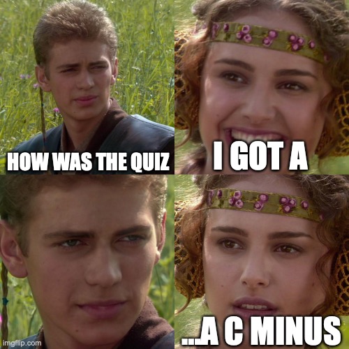 Anakin Padme 4 Panel | HOW WAS THE QUIZ; I GOT A; …A C MINUS | image tagged in anakin padme 4 panel | made w/ Imgflip meme maker