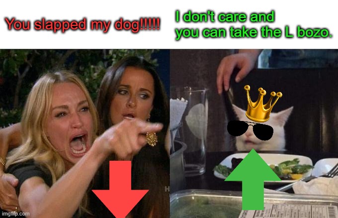 Woman Yelling At Cat Meme | You slapped my dog!!!!! I don't care and you can take the L bozo. | image tagged in memes,woman yelling at cat | made w/ Imgflip meme maker