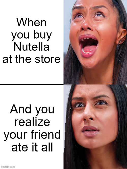 Disappointed guy (Dhar Mann) | When you buy Nutella at the store; And you realize your friend ate it all | image tagged in disappointed guy dhar mann,dhar mann | made w/ Imgflip meme maker