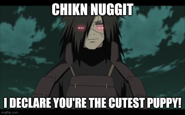 Madara <3 chikn | CHIKN NUGGIT; I DECLARE YOU'RE THE CUTEST PUPPY! | image tagged in madara approves | made w/ Imgflip meme maker