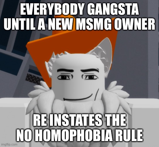 shitpost | EVERYBODY GANGSTA UNTIL A NEW MSMG OWNER; RE INSTATES THE NO HOMOPHOBIA RULE | image tagged in cone | made w/ Imgflip meme maker