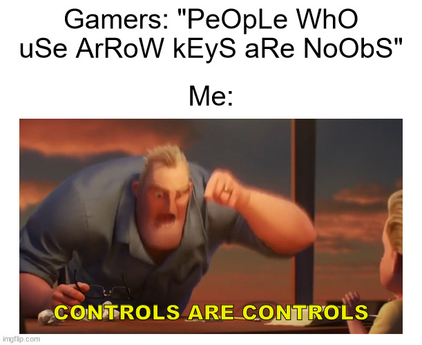 CONTROLS ARE CONTROLS!!! | Gamers: "PeOpLe WhO uSe ArRoW kEyS aRe NoObS"; Me:; CONTROLS ARE CONTROLS | image tagged in math is math meme | made w/ Imgflip meme maker