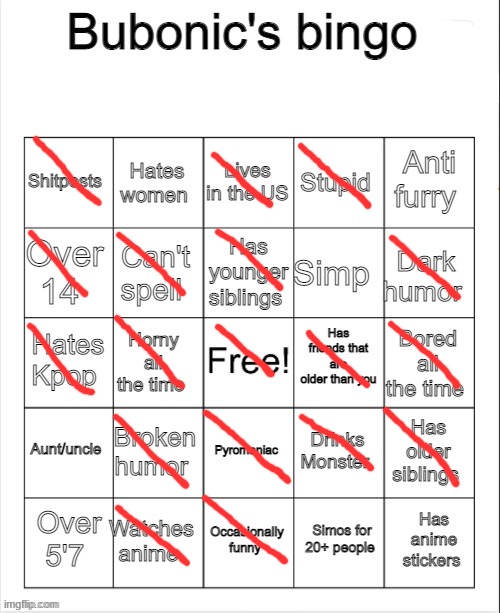 bobunic your bingo is complete | image tagged in bubonic's bingo | made w/ Imgflip meme maker