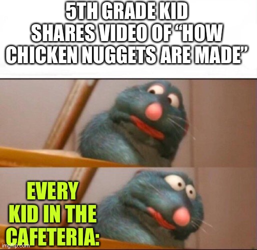10 year old logic :) | 5TH GRADE KID SHARES VIDEO OF “HOW CHICKEN NUGGETS ARE MADE”; EVERY KID IN THE CAFETERIA: | image tagged in remy sick | made w/ Imgflip meme maker