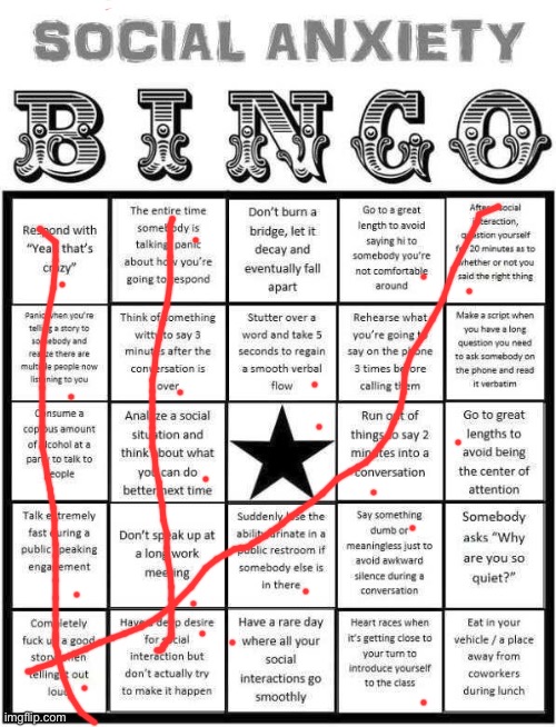 Bingo | image tagged in social anxiety bingo | made w/ Imgflip meme maker