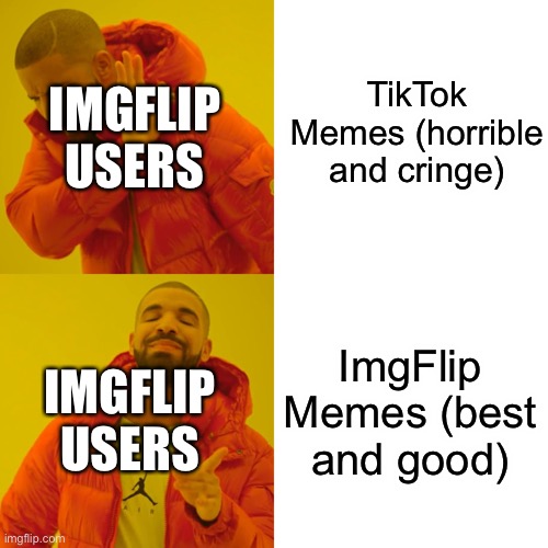 Tiktok sucks. | TikTok Memes (horrible and cringe); IMGFLIP USERS; ImgFlip Memes (best and good); IMGFLIP USERS | image tagged in memes,drake hotline bling,tiktok sucks,imgflip,funny,amogus | made w/ Imgflip meme maker