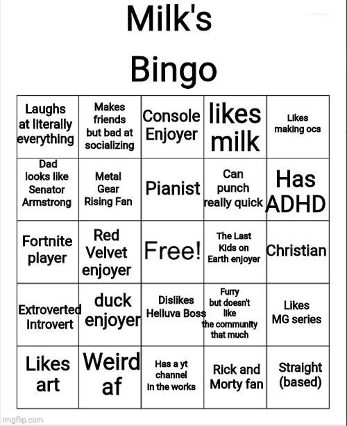 I made a bingo losers | Milk's; Bingo; Console Enjoyer; Makes friends but bad at socializing; Likes making ocs; Laughs at literally everything; likes milk; Dad looks like Senator Armstrong; Pianist; Has ADHD; Can punch really quick; Metal Gear Rising Fan; The Last Kids on Earth enjoyer; Fortnite player; Christian; Red Velvet enjoyer; Dislikes Helluva Boss; duck enjoyer; Furry but doesn't like the community that much; Extroverted Introvert; Likes MG series; Weird af; Straight (based); Likes art; Has a yt channel in the works; Rick and Morty fan | image tagged in blank bingo | made w/ Imgflip meme maker