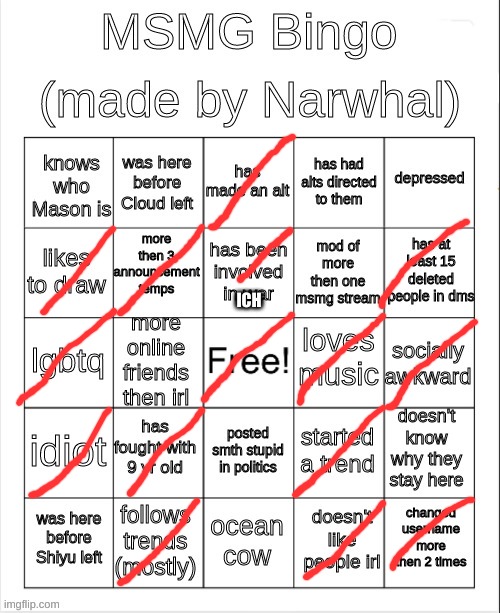 msmg bingo | ICH | image tagged in msmg bingo | made w/ Imgflip meme maker