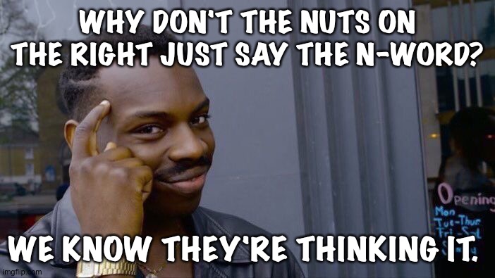 Roll Safe Think About It Meme | WHY DON'T THE NUTS ON THE RIGHT JUST SAY THE N-WORD? WE KNOW THEY'RE THINKING IT. | image tagged in memes,roll safe think about it | made w/ Imgflip meme maker