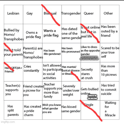 might as well | I PREFER MEN'S CLOTHES BECAUSE THEY'RE MORE COMFY NOT CUZ I "HAVE A GENDER CRISIS"; I MOSTLY DO THE BULLYING | image tagged in lgbtqia bingo | made w/ Imgflip meme maker