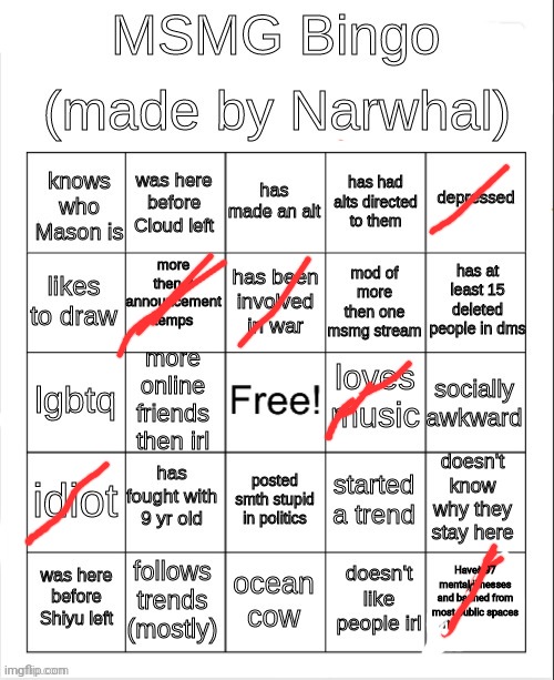 msmg bingo | Haves 97 mental illnesses and banned from most public spaces | image tagged in msmg bingo | made w/ Imgflip meme maker