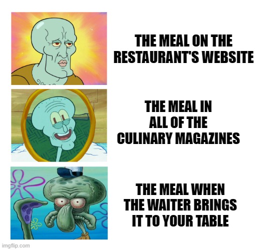 Food For Thought |  THE MEAL ON THE RESTAURANT'S WEBSITE; THE MEAL IN ALL OF THE CULINARY MAGAZINES; THE MEAL WHEN THE WAITER BRINGS IT TO YOUR TABLE | image tagged in handsome squidward 3 panel,restaurant,cuisine,fine dining,gastronomy,expectation vs reality | made w/ Imgflip meme maker