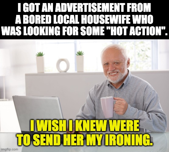 Hot local action | I GOT AN ADVERTISEMENT FROM A BORED LOCAL HOUSEWIFE WHO WAS LOOKING FOR SOME "HOT ACTION". I WISH I KNEW WERE TO SEND HER MY IRONING. | image tagged in hide the pain harold large | made w/ Imgflip meme maker