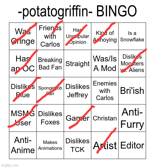 image tagged in -potatogriffin- bingo | made w/ Imgflip meme maker