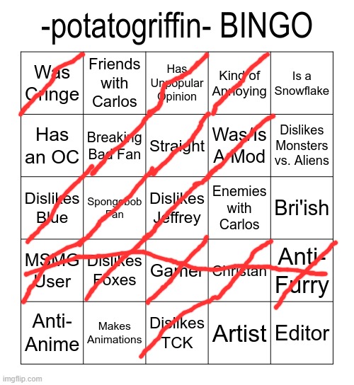 image tagged in -potatogriffin- bingo | made w/ Imgflip meme maker