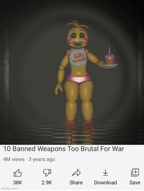 Basically toy chica should be classified as a weapon | image tagged in toy chica,banned weapons too brutal for war | made w/ Imgflip meme maker