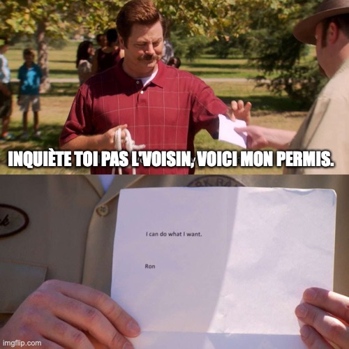 Ron Swanson I Can Do What I Want Permit | INQUIÈTE TOI PAS L'VOISIN, VOICI MON PERMIS. | image tagged in ron swanson i can do what i want permit | made w/ Imgflip meme maker