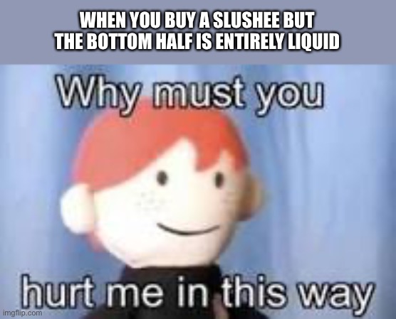 Why must you hurt me in this way | WHEN YOU BUY A SLUSHEE BUT THE BOTTOM HALF IS ENTIRELY LIQUID | image tagged in why must you hurt me in this way | made w/ Imgflip meme maker